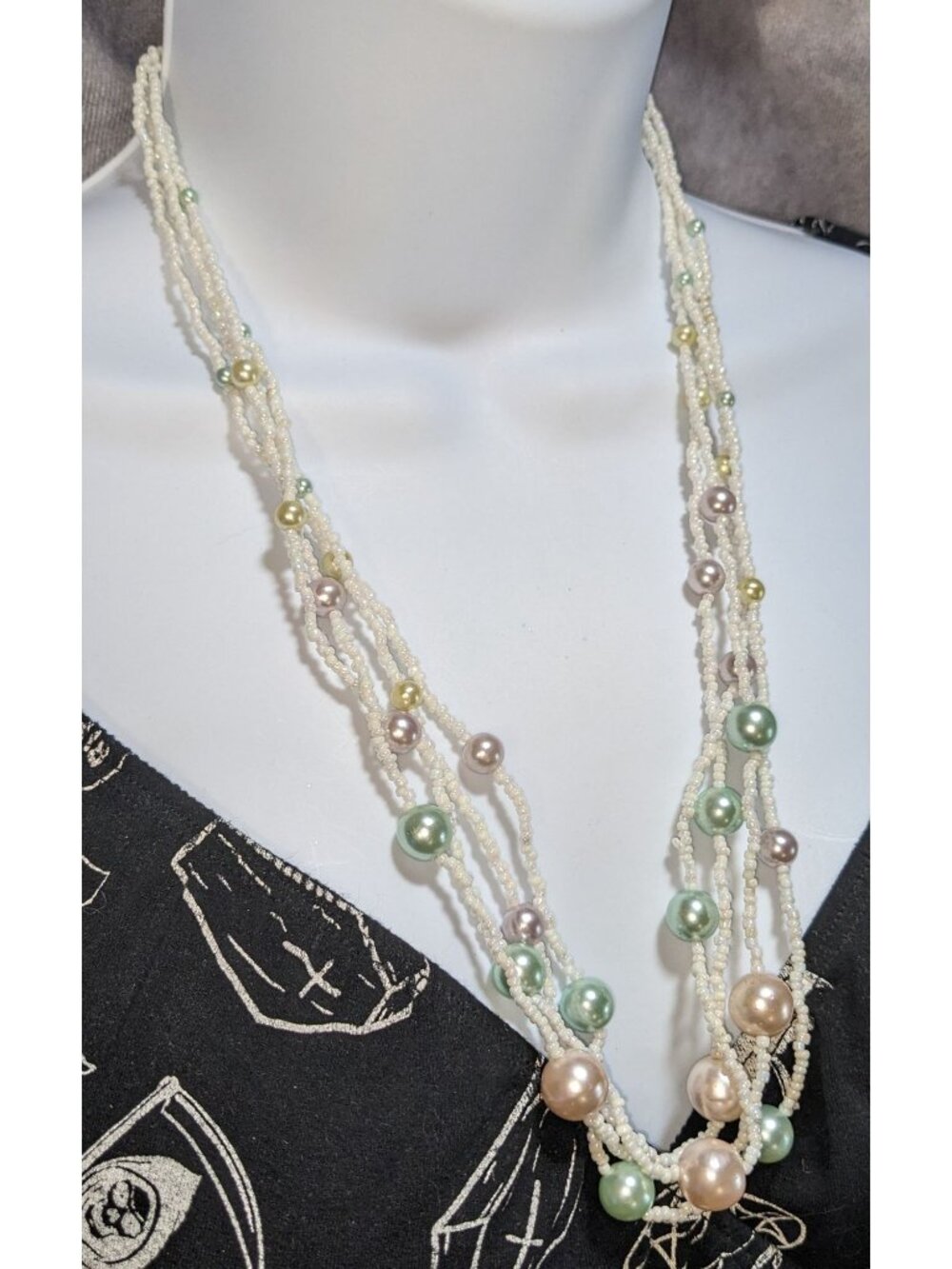 Coquette Cottagecore Layered Faux Pearl Seed Bead Multi Strand Statement Necklac - Picture 1 of 5